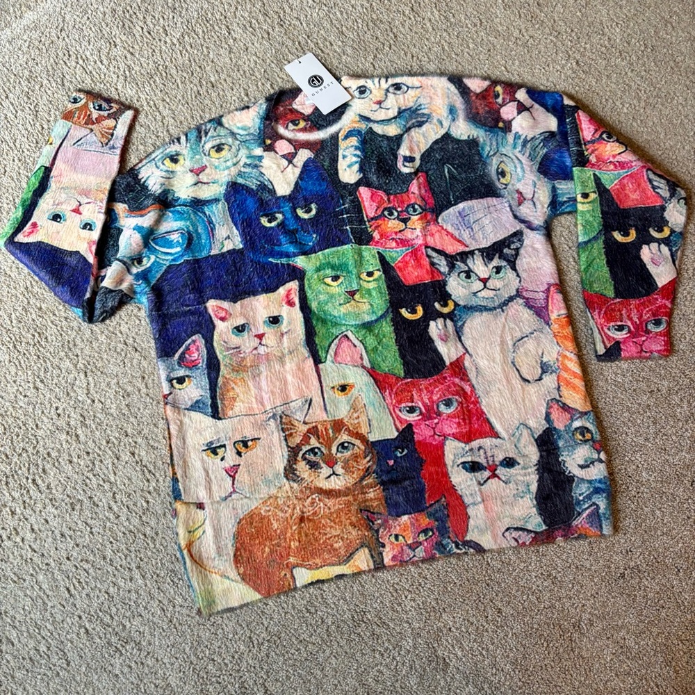Colorful Cat Print Crew Neck Sweater NWT